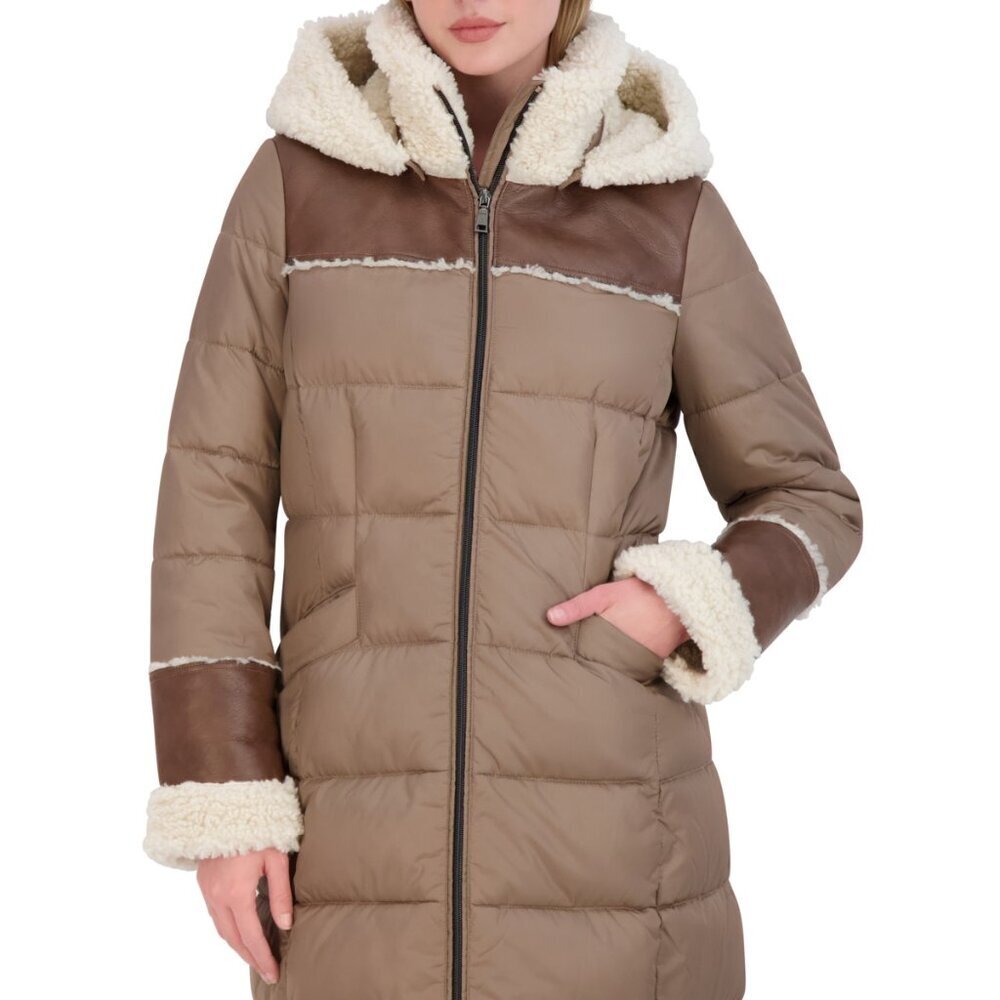 Tahari Tan Shearling Trim Hood Puffer Coat Size XS NWT Designer Luxury